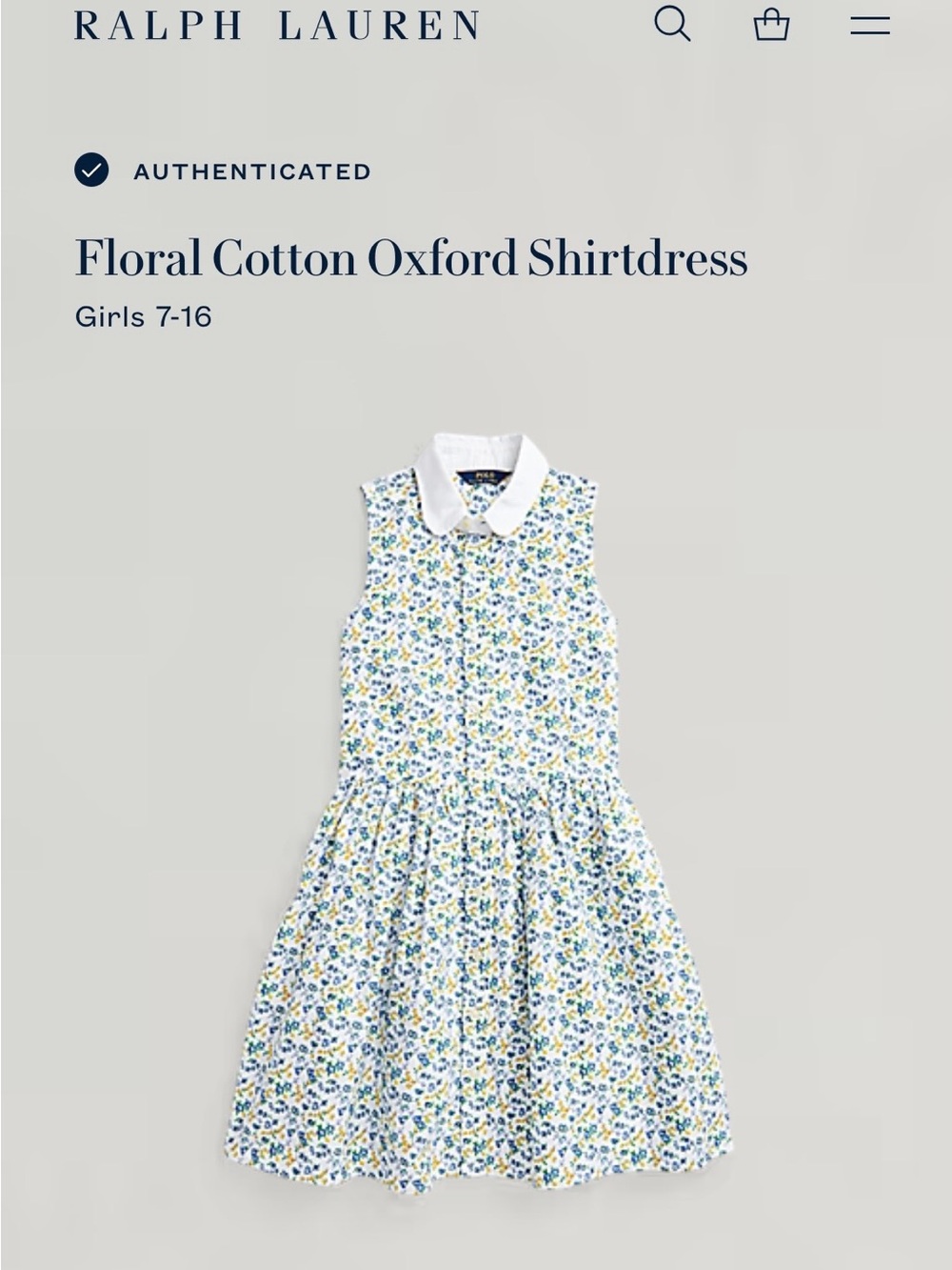 Polo Ralph Lauren Girls' Blue & Yellow Floral Sleeveless Shirtdress Sz 16 EUC